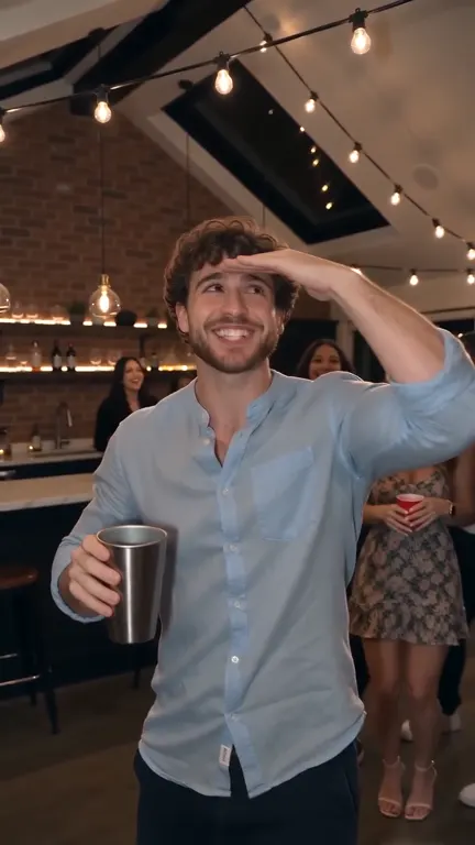 Fictional party host shading his forehead and looking across the room.