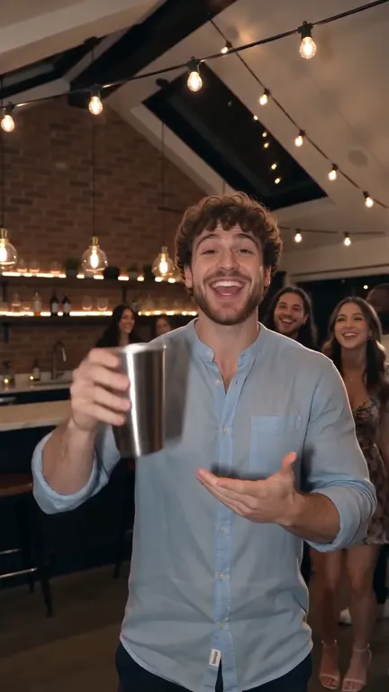 Fictional party host raising a metal cup toward the camera.