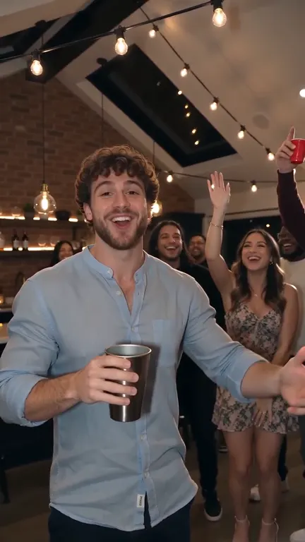 Fictional party host extending an open hand to greet the guests.